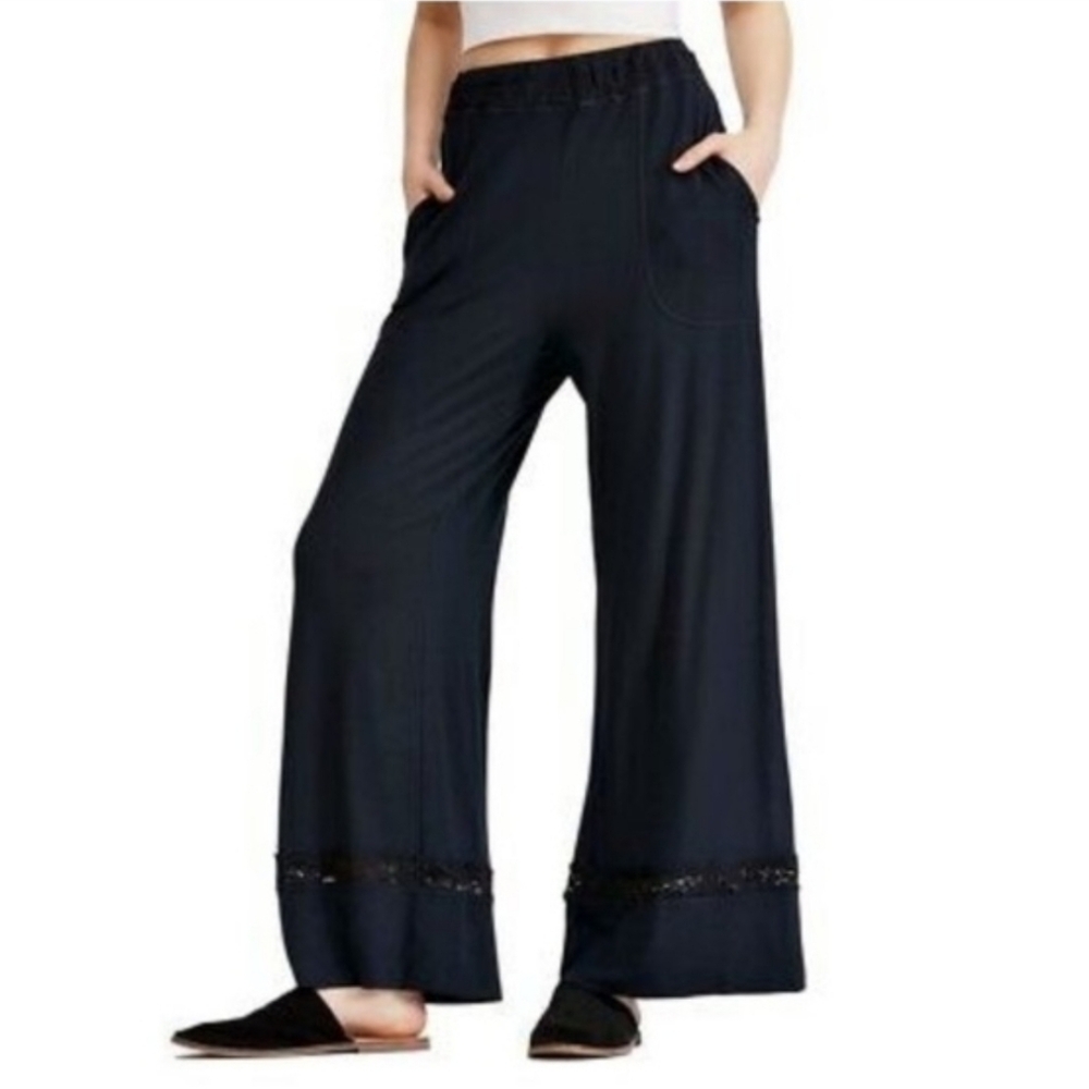 Free People Maddie PJ Lounge Pants High Rise Wide Leg Lace Stretchy Black Sm NWT - Picture 8 of 16